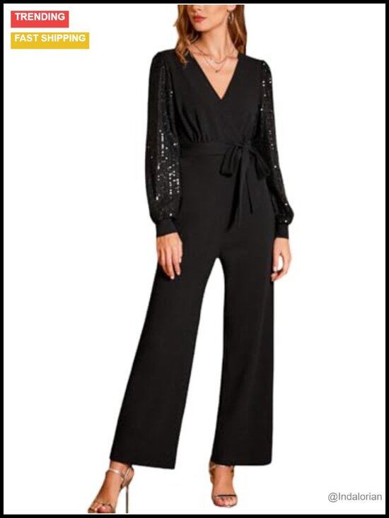 Pants - Sequin Long Sleeve Jumpsuit V Neck Belted One Piece Romper Sparkly Night Out